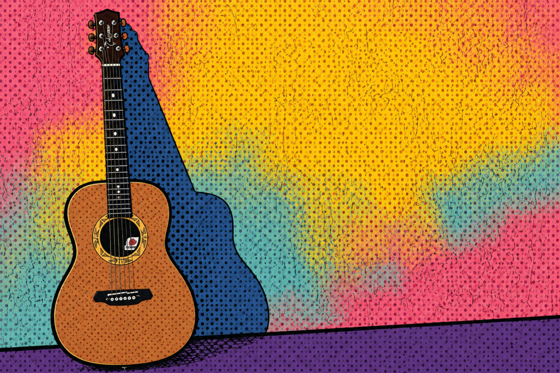 Gitarre an Wand gelehnt.